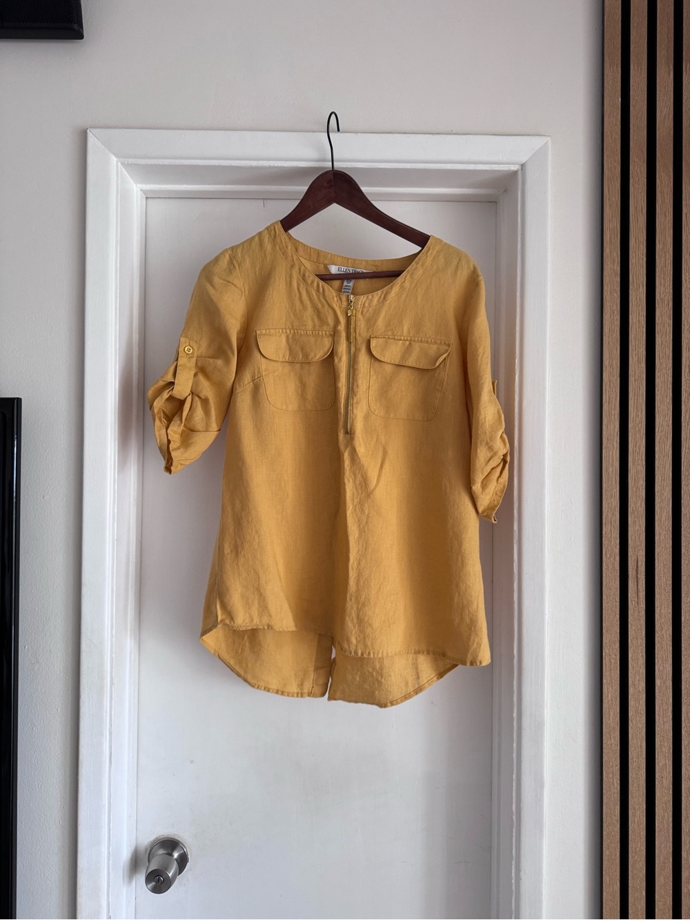 Ellen Tracy Linen Mustard Roll-Tab Sleeve Tunic Blouse